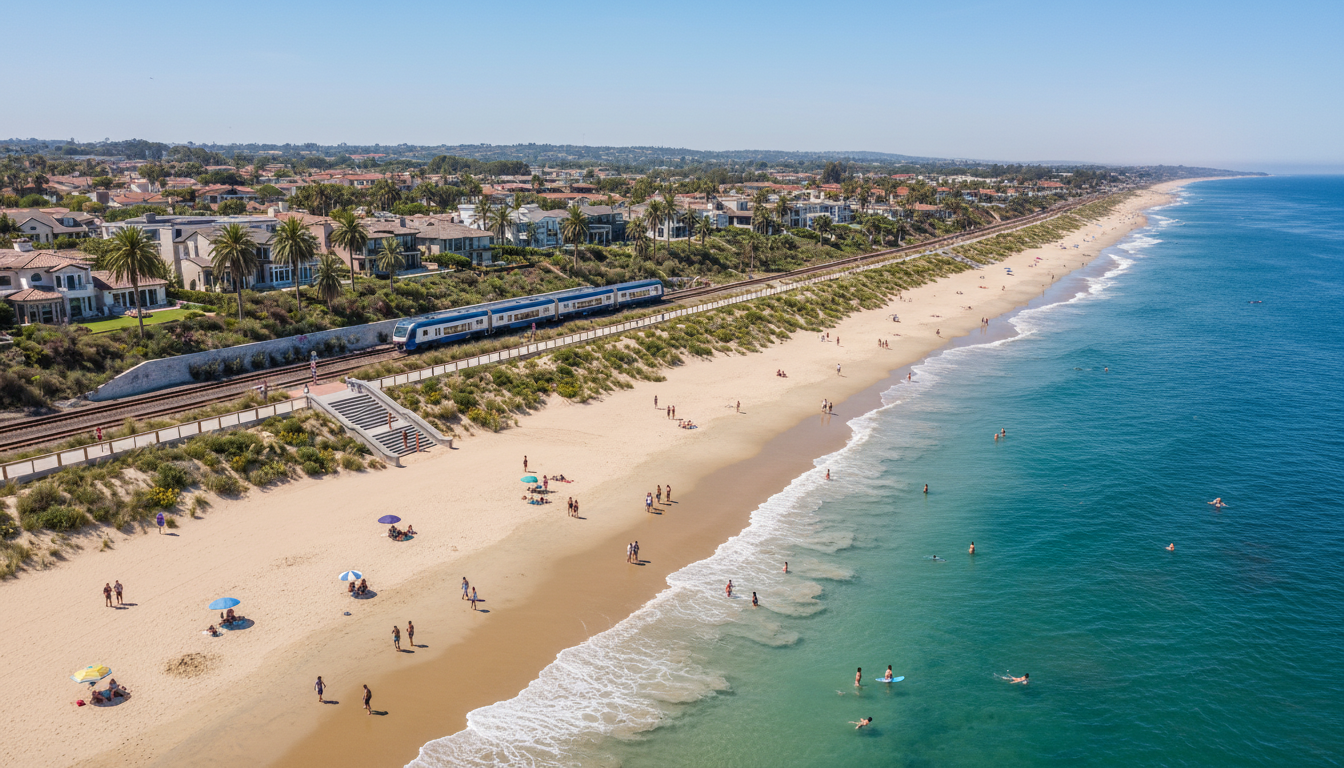 Aerial view of a California coastline with beach, dunes, coastal train, and homes.